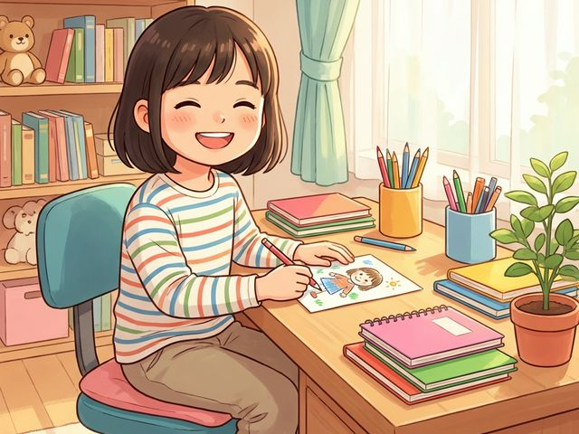 小さな課題を達成して机で喜ぶ女の子